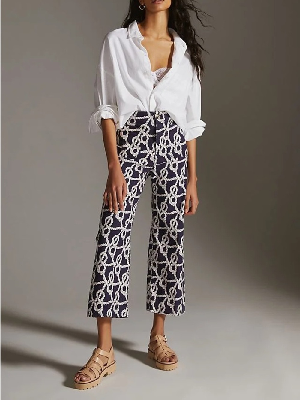 Anthropologie Maeve Colette Wide-Leg Crop Pants in Navy Nautical Rope Size 29 - Picture 7 of 8